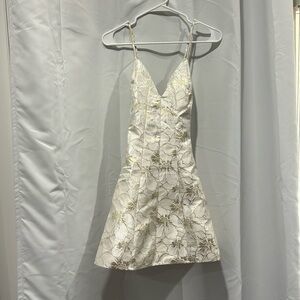 Lulus Shining Brightly Ivory and Gold Floral
Jacquard Mini Dress, size Medium.